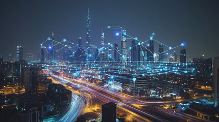 Fototapeta premium Smart digital Innovation city with connection network reciprocity over the cityscape. of future smart wireless city and social media networking systems that connects business people with in city