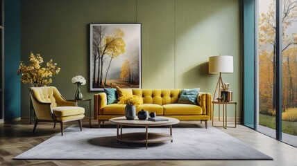 luxurious living room, teal walls, yellow velvet sofa, large abstract painting, floor-to-ceiling windows, modern coffee table, blue accent chairs, geometric area rug, sleek floor lamp, gold accents, c