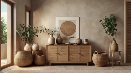 Interior design, modern rustic, round mirror, wooden console table, neutral tones, minimalist decor, potted plants, ceramic vases, natural materials, warm lighting, textured walls, earthy color palett