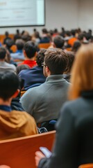 Creative Conference Scene: Speaker Presenting to Diverse Audience in Scandinavian-Style Meeting Room. White-Walled Auditorium with Colorfully Dressed Attendees and Presentation Screen. Modern Business