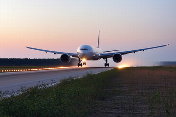 large airplane landing on runway at sunset, showcasing its wings. Generative Ai