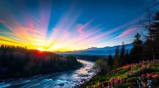 Spring Forest Mountain River in Sunset
