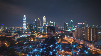 Smart digital Innovation city with connection network reciprocity over the cityscape. of future smart wireless city and social media networking systems that connects business people with in city