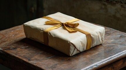 a single wrapped gift with a golden ribbon on a wooden surface.