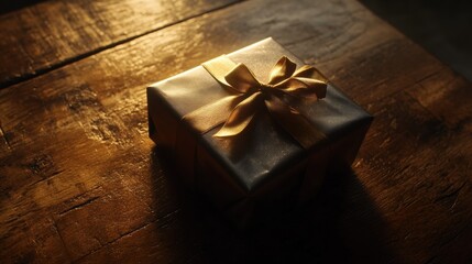 a single wrapped gift with a golden ribbon on a wooden surface.