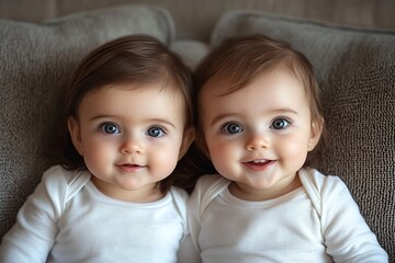 Adorable Twin Babies on a Couch
