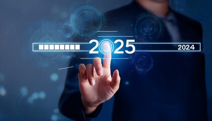 Businessman touching to virtual start button icon with 2025 new year to start
