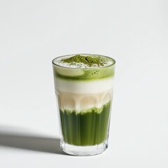 Bright iced matcha latte in a clear glass. Featuring layers of matcha and milk