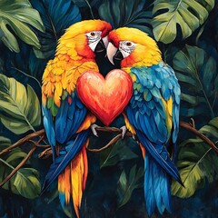 Obraz premium A pair of colorful parrots perched on a vine, their feathers creating a vibrant heart pattern