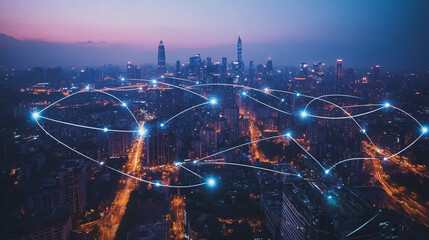 Obraz premium Smart digital Innovation city with connection network reciprocity over the cityscape. of future smart wireless city and social media networking systems that connects business people with in city