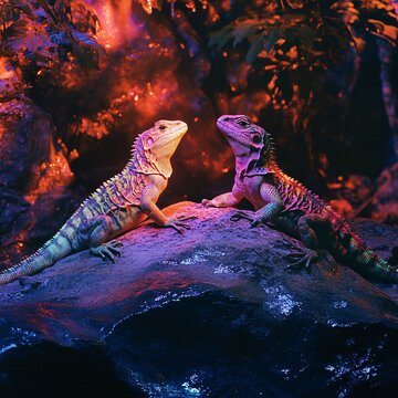 Two prehistoric lizards sunbathing together on a warm rock, glowing softly