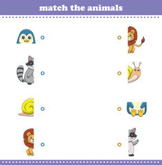 Fototapeta premium Match halves of cute cartoon wildlife animals. Logical game for kids