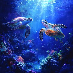 Fototapeta premium Two friendly turtles swimming together under coral reefs, surrounded by glowing fish