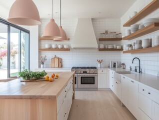 Fototapeta premium Modern Kitchen Island with White Cabinets and Wooden Shelves