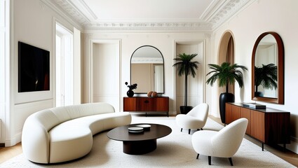 Fototapeta premium Luxurious minimalist living room, curved white sofas, round coffee table, arched windows, potted palm, ornate ceiling, wooden sideboard, large mirror, neutral color palette, bright natural light, spac