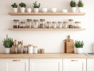 Fototapeta premium Stylish Minimalist Kitchen Shelving With Herbs and Spices