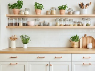 Fototapeta premium Organized Kitchen Shelves With Herbs And Dry Goods