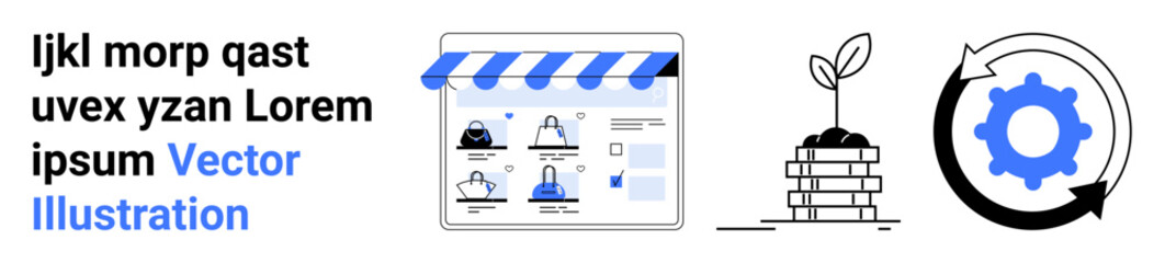 E-commerce storefront with products, sprouting plant on stacked coins, rotating gear with arrows. Ideal for online business, growth, sustainability, efficiency, optimization, technology startup
