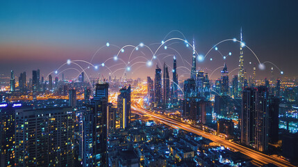 Fototapeta premium Smart digital Innovation city with connection network reciprocity over the cityscape. of future smart wireless city and social media networking systems that connects business people with in city