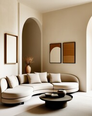 Minimalist interior, curved white sofa, arched doorway, neutral tones, empty gold frames, round coffee table, vase with dried flowers, textured rug, soft lighting, modern elegant design, monochromatic