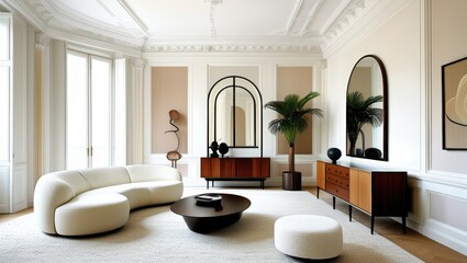 Fototapeta premium Luxurious minimalist living room, curved white sofas, round coffee table, arched windows, potted palm, ornate ceiling, wooden sideboard, large mirror, neutral color palette, bright natural light, spac