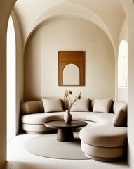 Minimalist interior, curved white sofa, arched doorway, neutral tones, empty gold frames, round coffee table, vase with dried flowers, textured rug, soft lighting, modern elegant design, monochromatic