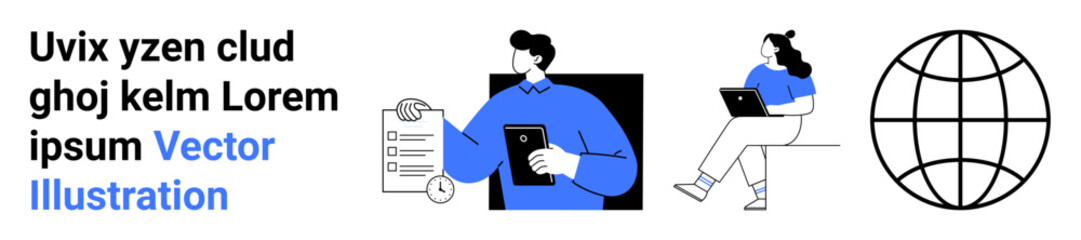 Man holding clipboard, woman with laptop, globe icon. Ideal for teamwork, collaboration, remote work, global connectivity, digital communication, online meetings, international projects. Landing page