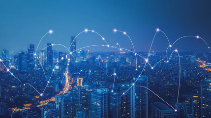 Smart digital Innovation city with connection network reciprocity over the cityscape. of future smart wireless city and social media networking systems that connects business people with in city