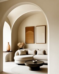 Fototapeta premium Minimalist interior, curved white sofa, arched doorway, neutral tones, empty gold frames, round coffee table, vase with dried flowers, textured rug, soft lighting, modern elegant design, monochromatic