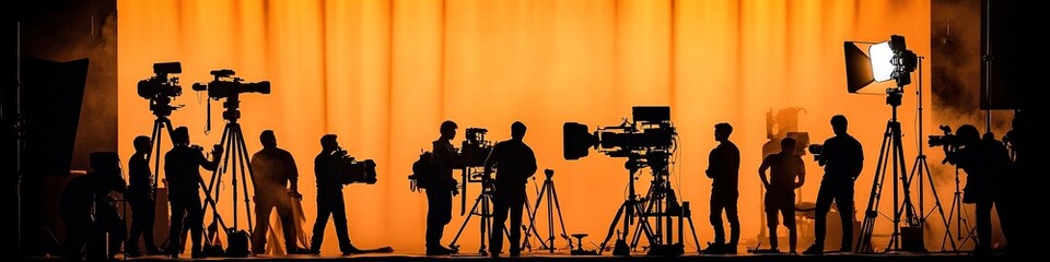 Cinematic Silhouettes: Film Crew at Work in Atmospheric Fog. Creative Abstract Background Capturing Dramatic Lighting and High-Resolution Shadows on Stage. AI-Generated Design for Advertising and Mark
