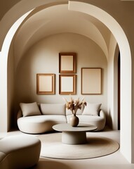 Minimalist interior, curved white sofa, arched doorway, neutral tones, empty gold frames, round coffee table, vase with dried flowers, textured rug, soft lighting, modern elegant design, monochromatic