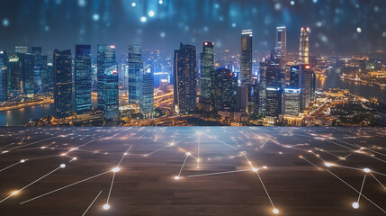 Obraz premium Smart digital Innovation city with connection network reciprocity over the cityscape. of future smart wireless city and social media networking systems that connects business people with in city