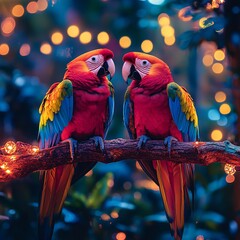 Obraz premium A pair of colorful parrots sitting on a glowing ancient branch surrounded by pastel light