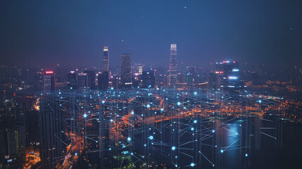 Fototapeta premium Smart digital Innovation city with connection network reciprocity over the cityscape. of future smart wireless city and social media networking systems that connects business people with in city