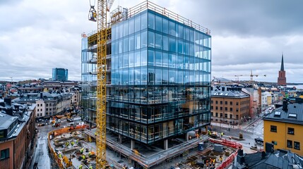 Modern Glass Building Under Construction in City