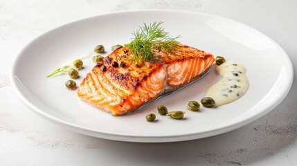Grilled Salmon Steak with Capers and Dill Garnish