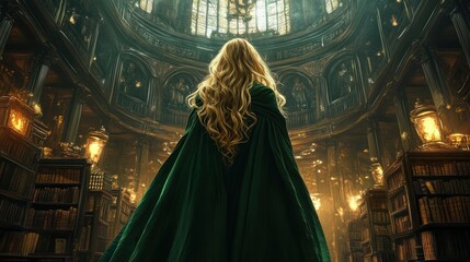 A serene witch princess with blonde hair and a green hooded robe, standing in the middle of an ancient library. background wallpaper AI generated image
