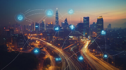 Obraz premium Smart digital Innovation city with connection network reciprocity over the cityscape. of future smart wireless city and social media networking systems that connects business people with in city