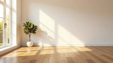 Sunlit Empty Room with Hardwood Floor and Potted Plant
