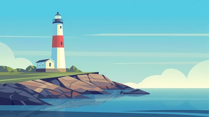 2D Flat Illustration of a Lighthouse with a Red Stripe on a Calm Coastal Cliff with Reflective Waters