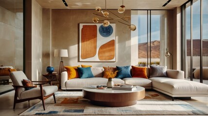 Modern living room interior, warm color palette, L-shaped beige sectional sofa, colorful throw pillows, round wooden coffee table, abstract geometric wall art, large windows, natural light, hardwood f