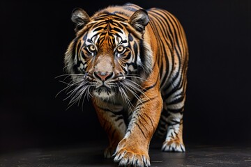 Obraz premium Tiger walking towards camera, isolated on black background, hyper realistic photography.