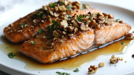 Delicious Salmon Steak with Walnut Crust and Honey Glaze