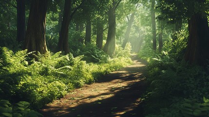 Fototapeta premium Sunlit Forest Path with Dappled Shadows and Vibrant Green Foliage
