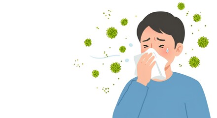 花粉症状 - アレルギー - くしゃみ - 鼻をかむ男性 - イラスト素材