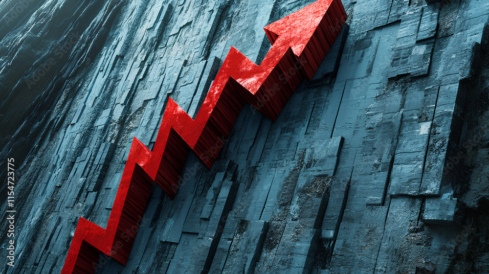 Poster a large red arrow points downwards over a gridded financial chart showing a sharp decline in value, 