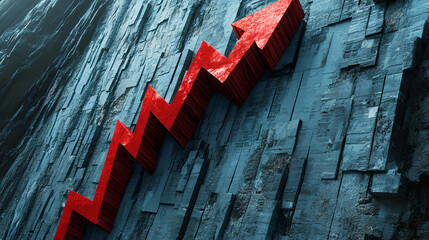 A large red arrow points downwards over a gridded financial chart showing a sharp decline in value, with the bars of the chart going from high to low