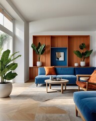 Fototapeta premium Interior design, cozy living room, blue paneled walls, arched window, exposed wooden beams, modern white sofa, orange accent pillows, terracotta ottoman, round coffee table, large potted plants, palm 
