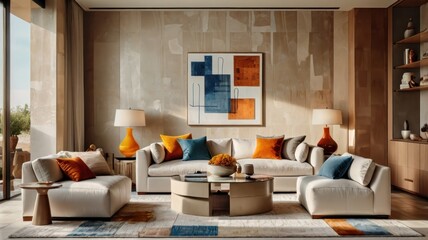 Modern living room interior, warm color palette, L-shaped beige sectional sofa, colorful throw pillows, round wooden coffee table, abstract geometric wall art, large windows, natural light, hardwood f