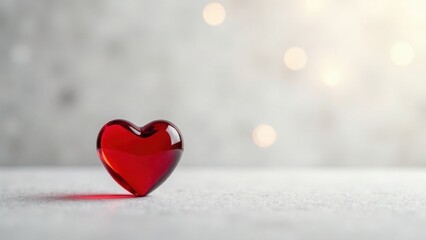 Fototapeta premium A solitary red glass heart rests on a lightly textured surface, bathed in soft, diffused light, creating a serene and romantic ambiance.